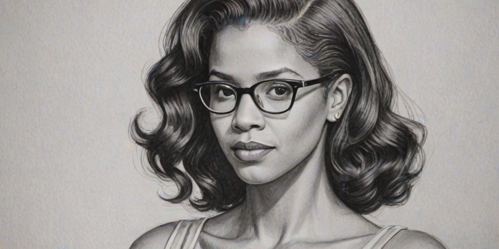 Captivating Ren'e Elise Goldsberry, pencil sketch, portrait of Alluring woman 1932s in glasses, hair style beatnik, outline, clear lines, fine lines, 8k