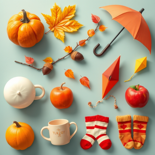 create a vibrant digital illustration featuring a pumpkin, a maple leaf, a branch with leaves, an umbrella, an acorn, a steaming mug, an apple, a kite, and a pair of socks arranged in a 3x3 grid layout, shot with a DSLR camera, f/2.8 aperture, ISO 100, 50mm lens, top-down view, high saturation and clarity for enhanced image quality