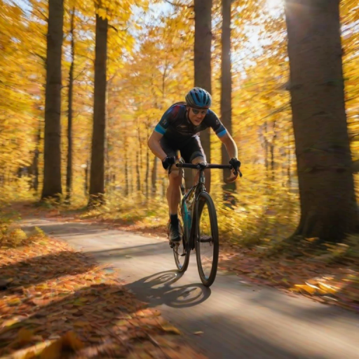 Blurry action shot of a cyclist racing through a vibrant autumn forest, leaves swirling in the air, with the sunlight filtering through the colorful canopy overhead.