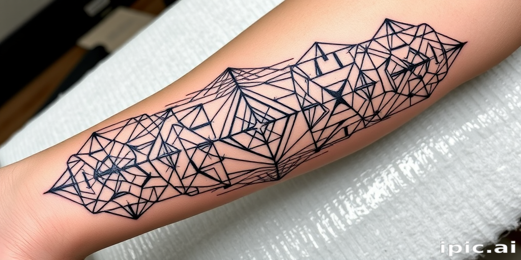 Intricate geometric blackwork tattoo covering the forearm, showcasing interconnected triangles and hexagons forming a mesmerizing optical illusion pattern with precise line work and negative space
