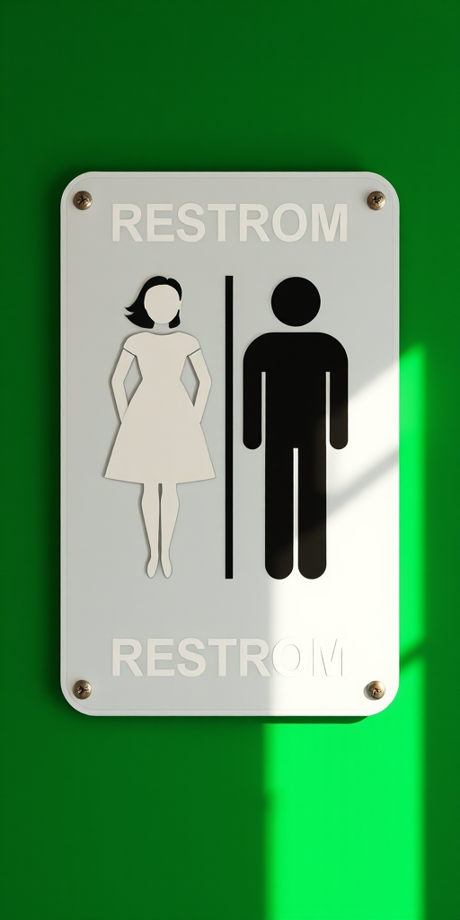 Create a high-resolution image of a restroom sign featuring a female silhouette in a dress on the left and a male silhouette on the right, set against a vibrant green background, using a DSLR camera with a 50mm lens, f/1.8 aperture, ISO 100, and soft natural lighting to enhance clarity and contrast.