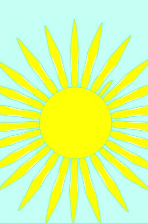 Create a vibrant sun illustration with a bright yellow center and stylized white rays extending outward, using a high-resolution digital camera, 50mm lens, f/2.8 aperture, ISO 100, natural daylight, shot from a frontal view for enhanced clarity and detail.