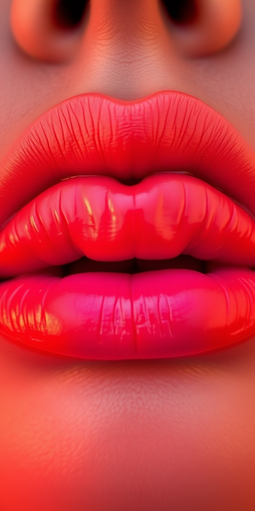 Captivating image of ombre sunset lips transitioning from orange to pink, highlighting a gradual color shift and dimensional depth