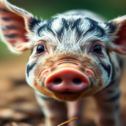 Close-up of a striped piglet with large expressive eyes, soft focus background, capturing details like fur texture and facial expression, camera settings: f/2.8, ISO 100, shutter speed 1/200s, shot with a 50mm lens, macro photography style, using a DSLR camera.
