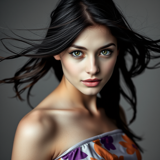 Photographic image of a beautiful young Tajik woman, green eyes, lips with white lipstick, long hair fluttering in the wind and wearing a silk strapless dress with a soft purple and orange print. monochrome image with only color highlights in the iris of the eyes, lipstick and dress. Gray background.