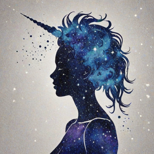 Captivating conceptual render alcohol ink art, double exposure, the paint strokes artfully merge combining a woman's full silhouette with a Unique unicorn's silhouette. The figures are composed of a series of colored dots, lines & spots that evoke the image of a cosmic galaxy, colors are deep shades of blue purple & black with flashes of white & silver representing distant stars. The woman's silhouette is formed within the lion's silhouette from constellations of scattered stars, surreal