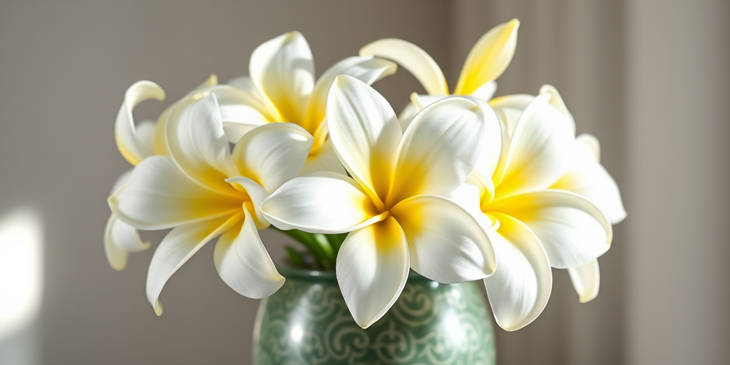 A vase with plumeria flowers, vibrant white and yellow petals, intricate patterns on the vase, soft light illuminating from one side, high resolution, shot at f/2.8 aperture, ISO 100, 50mm lens, natural light, portrait orientation.