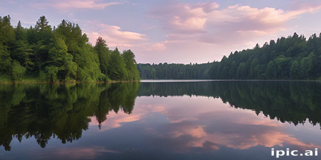 Tranquil Lake Surrounded by Lush Green Forest and Reflective Skies