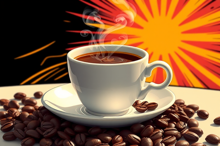 Create a high-resolution illustration of a steaming cup of coffee with swirling steam, positioned on a white saucer, surrounded by coffee beans, in a vibrant comic book style with bold sunburst background, using a Canon EOS R5 with a 50mm f/1.2 lens, aperture set at f/8, ISO 100, under bright studio lighting.