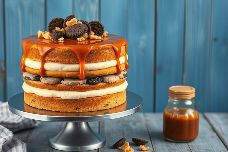 A three-layer cake with a creamy filling topped with caramel sauce and garnished with chocolate pieces and cookie crumbs on a silver cake stand with a blue wooden background and a jar of caramel sauce beside it.