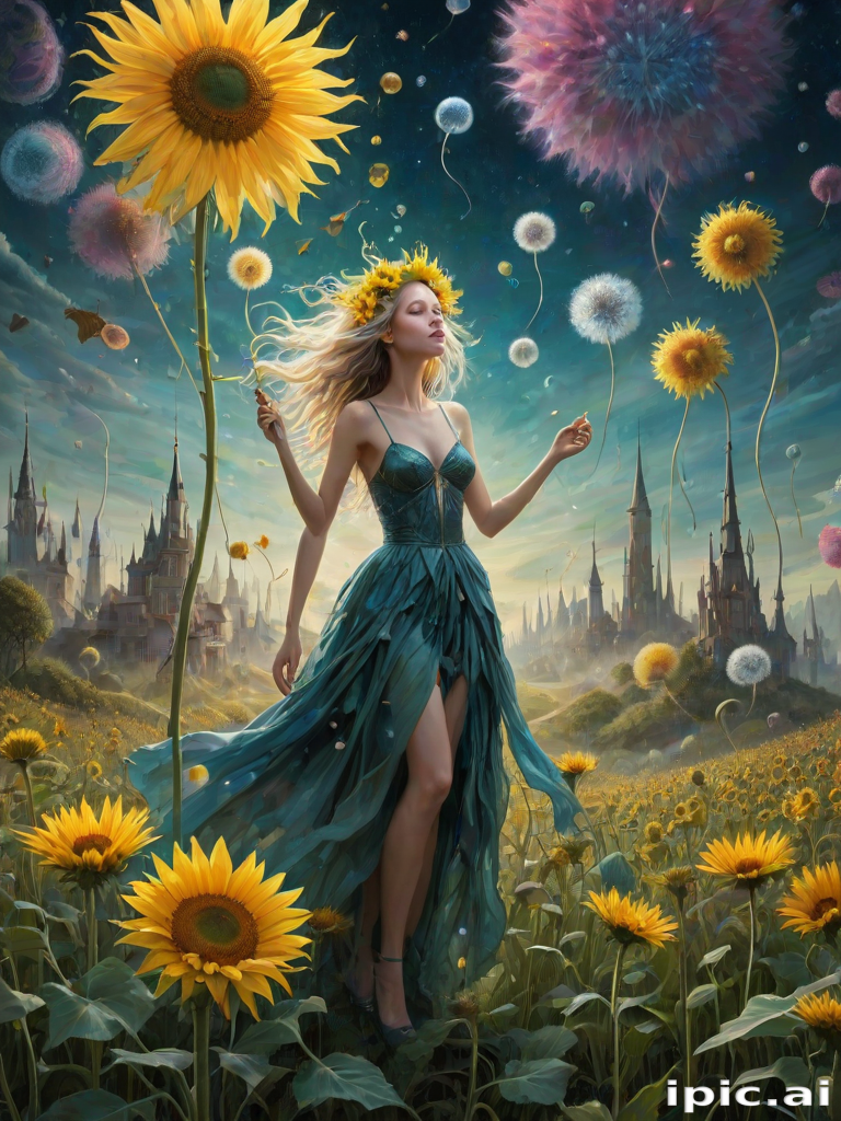 A surreal allegory featuring ethereal fairies, towering sunflowers, and an enigmatic witch, all set within a dreamlike landscape. The scene is dominated by a colossal dandelion, its delicate seeds floating through the air, reminiscent of Yves Tanguy's abstract forms. The environment is a blend of otherworldly elements and natural beauty, with twisted, elongated shapes and surreal colors that evoke a sense of mystery and enchantment.