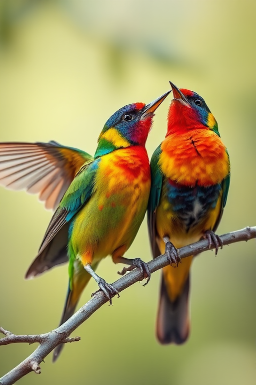 Create an image of two colorful birds perched on a branch, one with wings spread and the other singing, using a macro lens, 50mm f/2.8 aperture, ISO 100, natural lighting, shot from a low angle to enhance detail and vibrancy.