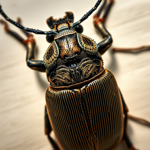 macro shot of an intricate beetle illustration, focus on detailed texture, enhance shadows for depth, aperture f/8, ISO 100, 50mm lens, top-down perspective, natural light, high-resolution digital camera