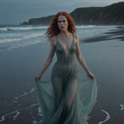 Bewitching image of Nicole Kidman, Big Little Lies star, with her porcelain skin and cascading red curls, emerging from misty waves in a sheer, iridescent gown, on a moonlit beach dotted with bioluminescent algae