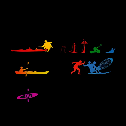 create an image of colorful silhouettes of water sports activities such as kayaking, paddle boarding, and surfing on a black background, use a DSLR camera with a 50mm lens, aperture f/2.8, ISO 100, shutter speed 1/500s, and a vibrant color palette for enhanced contrast.
