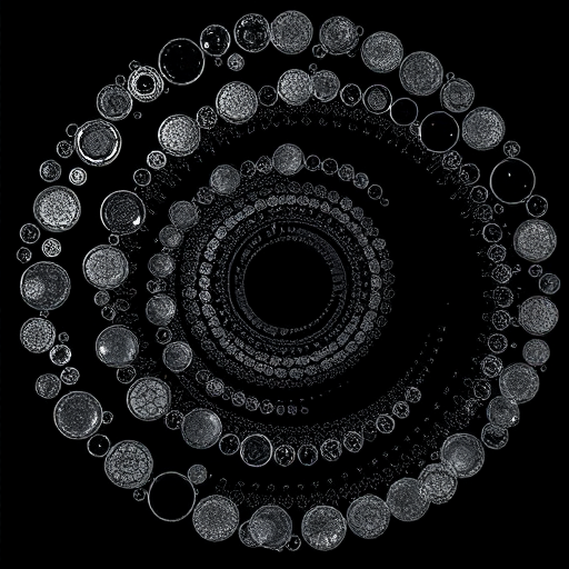 Generate an intricate abstract design featuring a swirling pattern of varying circle sizes on a black background, captured with a Canon EOS R5 at f/8, ISO 100, 1/60s, using a macro lens for enhanced detail and clarity.