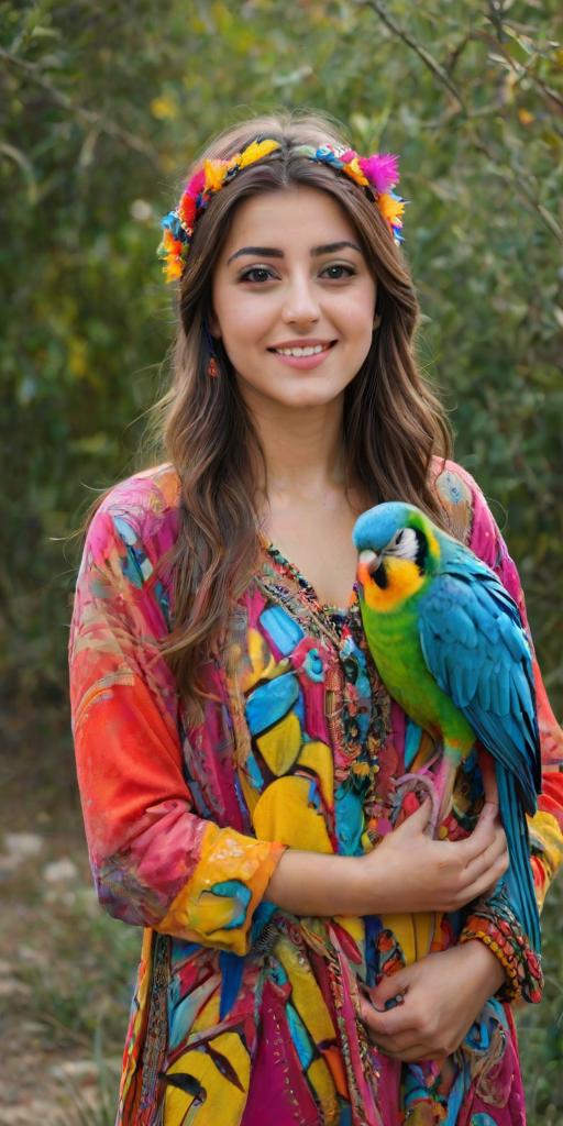 A beautiful Turkish girl, wearing colorful bird clothing with vibrant colors