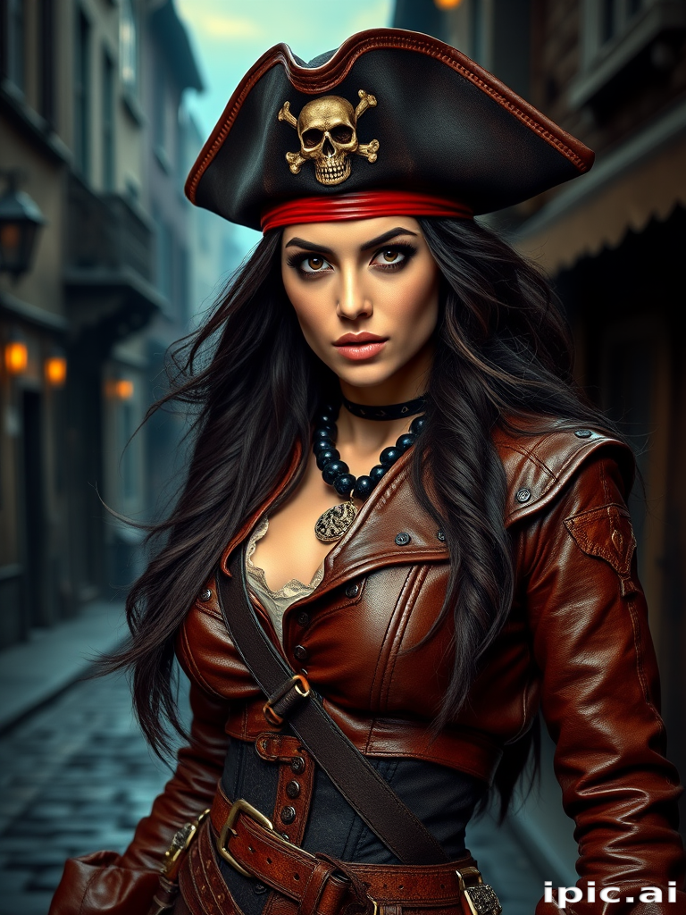 Create a portrait of a fierce female pirate. She wears a leather tricorn hat adorned with a skull and crossbones emblem, and her long, dark hair flows around her face. Her outfit consists of a richly detailed leather jacket, a corset, and multiple layers of belts and accessories, giving her a formidable and stylish appearance. She stands confidently in a dimly lit, historic port town, with a backdrop of weathered buildings and cobblestone streets, capturing the adventurous spirit of a pirate.