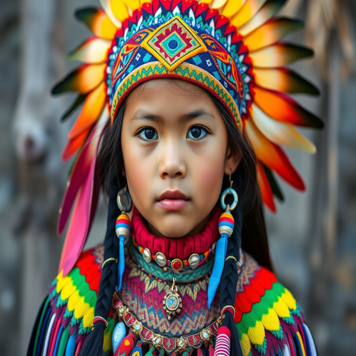 A beautiful Native American girl, wearing colorful bird clothing with vibrant colors