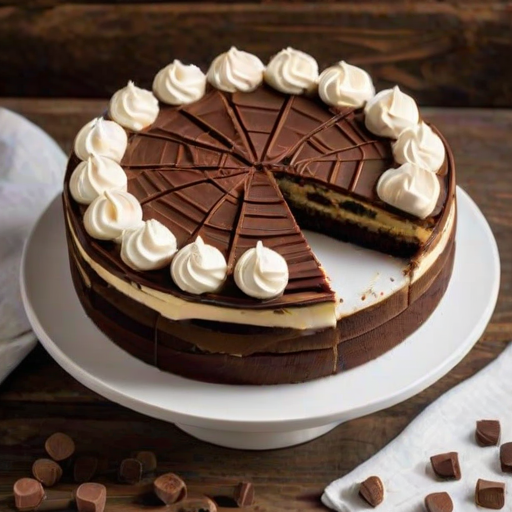 Create a visually appealing image of a layered cake with alternating sections of chocolate and cream. The cake should be displayed on a white cake stand, surrounded by slices of the cake on a wooden board. Add some marshmallows and chocolate chips scattered around for decoration. Use a clean, modern kitchen background to enhance the presentation.
