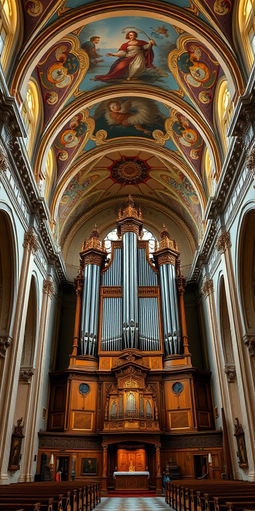 Regenerate an image of a grand church interior showcasing ornate architecture and two large pipe organs under a beautifully painted ceiling, captured with a Canon EOS R5, 24mm lens, f/8 aperture, ISO 100, HDR mode for enhanced dynamic range.