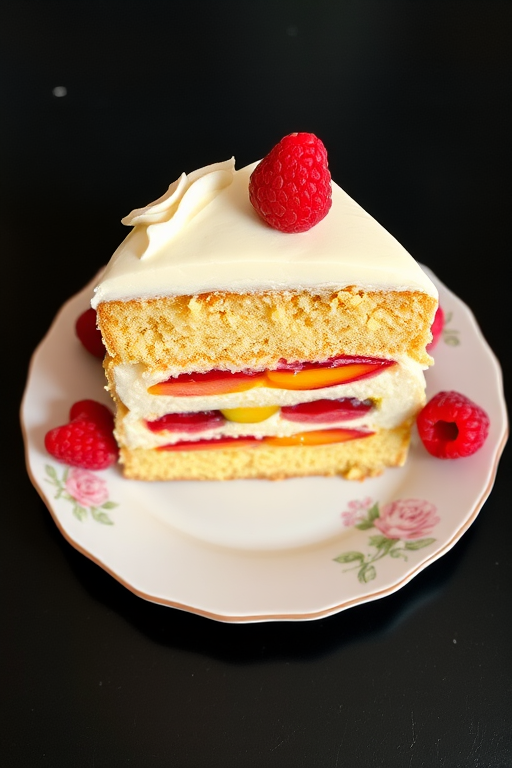 A slice of layered cake with raspberries and peaches on a decorative white plate with a floral design, set on a dark surface, showcasing the creamy texture and colorful fruit filling.
