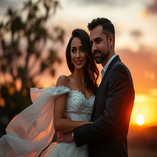 Create a romantic sunset portrait of a couple, the woman in a flowing white dress with intricate details and the man in a dark tailored suit, standing closely together with a soft focus on their facial expressions, using a Canon EOS R5 camera with a 50mm f/1.2 lens, aperture set at f/1.8, ISO 100, at sunset with warm golden light, in a shallow depth of field to highlight their features against the vibrant sky.