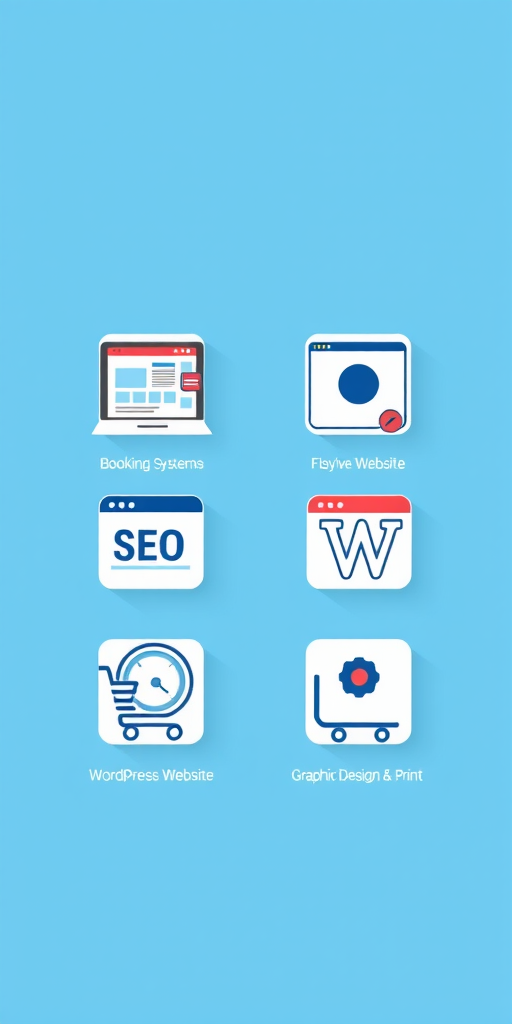 Design a modern, flat icon set on a clean blue background featuring six icons representing Booking Systems, Responsive Website, SEO, WordPress Website, eCommerce Platform, and Graphic Design & Print, using a Canon EOS R with a 50mm lens at f/1.8, ISO 100, soft lighting to enhance clarity and detail.