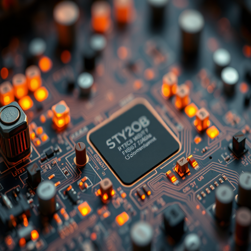 close-up of a highly detailed circuit board with glowing orange elements, shot with a Canon EOS R5, 50mm f/1.2 lens, aperture f/1.8, ISO 100, in a soft focus style, using a macro photography approach to enhance texture and depth.
