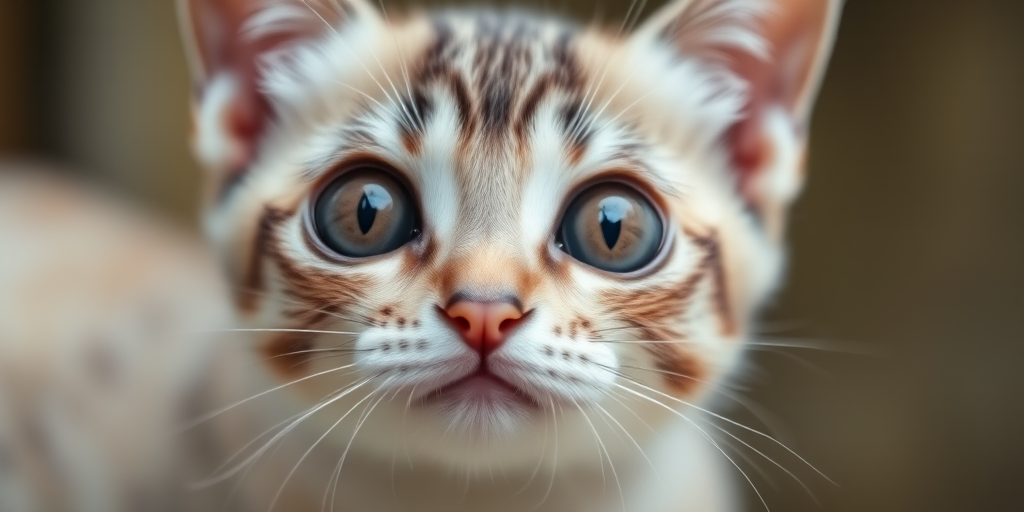 A close-up image of a cute cat with large round eyes and a small pink nose featuring soft gray and white fur, looking directly at the camera with a gentle expression. The background is softly blurred to emphasize the cat's face.