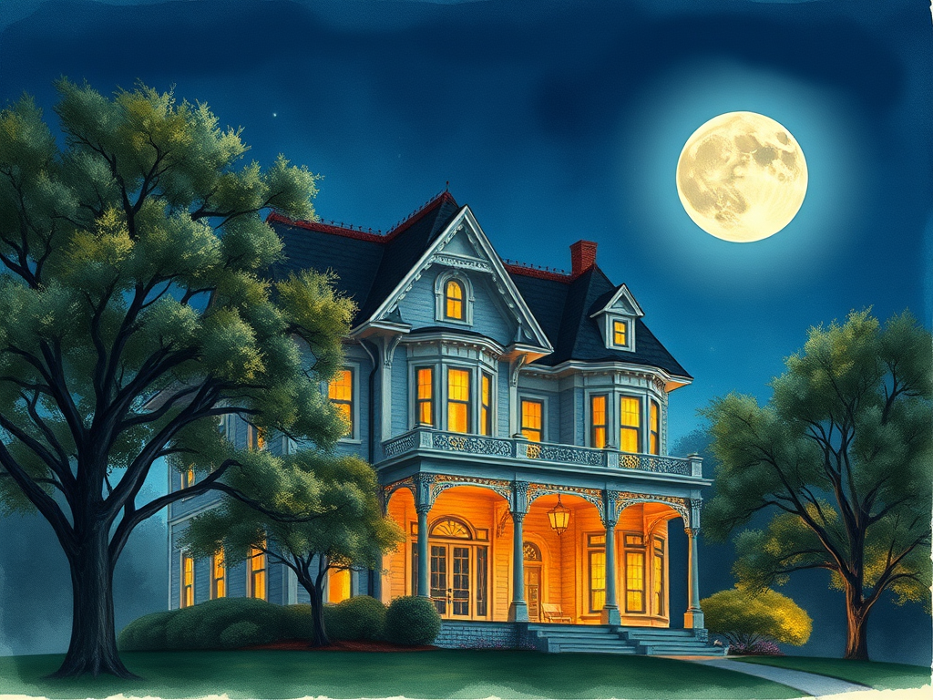 Create a high-resolution watercolor illustration of a Victorian mansion under a full moon at night, with detailed trees and a well-lit facade, captured with a Canon EOS R5, 50mm lens, f/1.8 aperture, ISO 100, soft focus background, and a slight vignette effect.