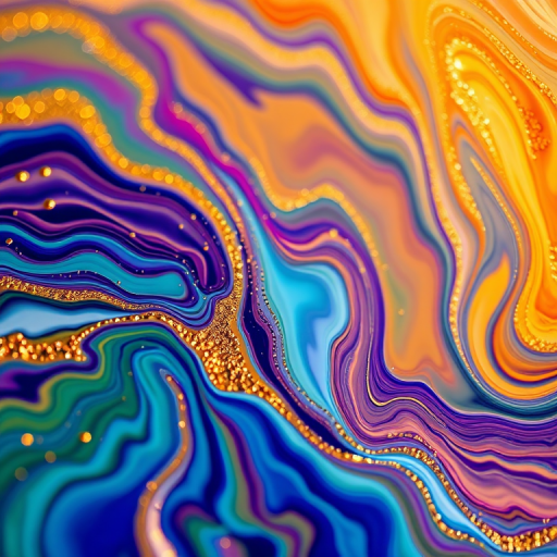 create an abstract image of swirling colors with gold accents, using a Canon EOS R5 with a 50mm f/1.2 lens, aperture at f/8, ISO 100, and a shallow depth of field, focusing on vibrant fluid patterns and textures in a macro style
