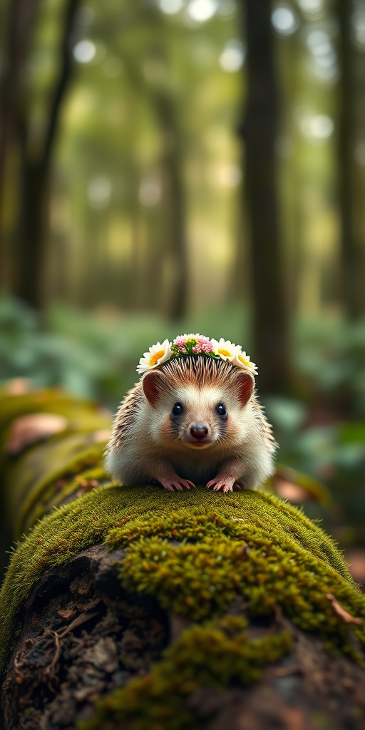 A cute hedgehog with a flower crown sitting on a mossy log in a mystical forest, shallow depth of field, soft lighting, taken with a Canon EOS R5, 50mm lens, f/1.8 aperture, ISO 100, natural light.