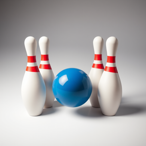 Create a high-resolution vector image of five bowling pins and a blue bowling ball with a clean background, using a Canon EOS 5D Mark IV, 50mm lens, f/1.8 aperture, ISO 100, in soft lighting with a slight overhead view to emphasize the dynamic arrangement.