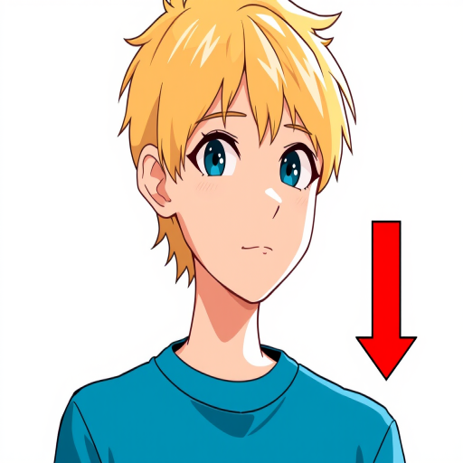 Create a vector-style illustration of a character with short blonde hair and a blue shirt, with a red arrow pointing down next to them, using high resolution, captured with a digital camera at f/2.8 aperture, ISO 100, and a focal length of 35mm, in a clean flat lay view.