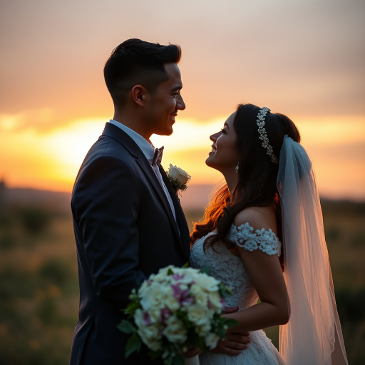A romantic outdoor wedding couple portrait at golden hour, taken with a Canon EOS R5, 50mm lens, f/1.8 aperture, ISO 100, 1/200s shutter speed, soft focus, natural lighting, shallow depth of field.