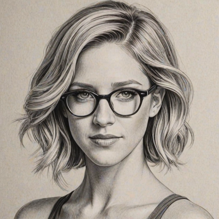 Attractive Brittany Snow, pencil sketch, portrait of Ravishing woman 1923s in glasses, hair style beatnik, outline, clear lines, fine lines, 8k