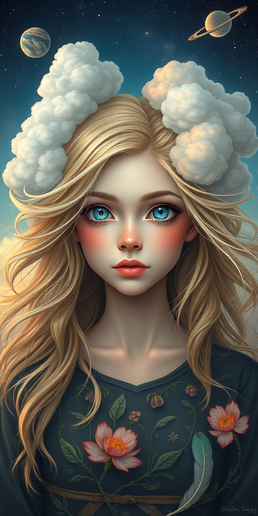 Create a series of imaginative portraits where each subject is infused with elements of fantasy and nature. The hair of the individuals should flow like clouds, varying from soft, fluffy cumulus to wispy cirrus strands, with hints of color reflecting a sunset or a clear blue sky. The eyes should be windows to entire galaxies, with stars, nebulae, and distant planets visible within them. Clothing should be adorned with nature motifs, such as floral patterns that bloom and change, vines that seem to grow and wrap around, or feathers that shimmer with iridescence. Each portrait should capture a unique personality, blending human features with the ethereal beauty of the natural and cosmic world. The backgrounds can vary, from starry night skies to enchanted forests, adding depth and context to the magical realism of the portraits