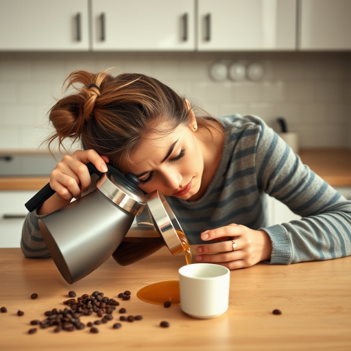 A portrait capturing a humorous and relatable scene of morning exhaustion. A woman with a messy bun, is slumped over a kitchen table, head resting on the surface in apparent fatigue. Despite their exhaustion, they are attempting to pour coffee from a pot, but instead of pouring the coffee into the mug she is pouring it onto the kitchen table. The kitchen setting is minimal, with simple countertops and a tiled backsplash in the background. Scattered coffee beans and an empty cup add to the sense of early morning chaos. The overall mood is lighthearted, portraying the struggle of waking up and the desperate need for coffee in a comedic yet relatable way.