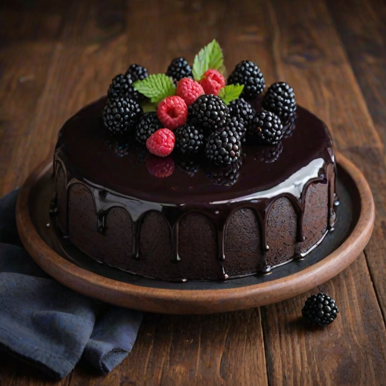 Create a realistic image of a round black cake topped with fresh blackberries, set on a dark plate against a wooden table background. The cake should have a smooth, glossy black frosting and a few blackberries artfully arranged on top.