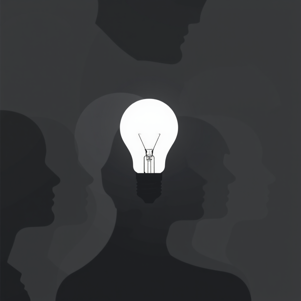 Create a high-contrast illustration of overlapping silhouette profiles of human heads in various shades of gray, with a bright light bulb centered in the foreground, shot with a DSLR camera at f/5.6, 1/125 sec, ISO 100, in a shallow depth of field to enhance detail and clarity, using a top-down view and minimalist style.