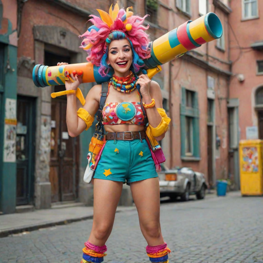 A playful woman holds a bazooka with a mischievous grin, her pose exaggerated and cartoonish. She’s dressed in a colorful, quirky outfit with oversized accessories, giving her a whimsical and fun appearance. The bazooka, although large, is designed in a cute, almost toy-like style, adding to the humorous and lighthearted vibe of the scene. The background is bright and cheerful, enhancing the overall playful atmosphere.
We share ALL our prompts in the Bing Image Prompts group: