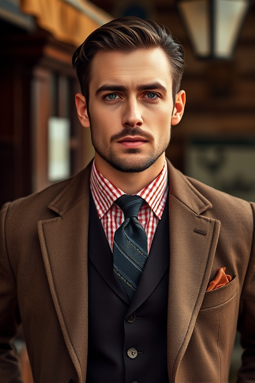 regenerate the image of a well-dressed man in a vintage setting with a focus on sharp details and vibrant colors, using a DSLR camera, 85mm lens, aperture f/1.8, ISO 100, natural lighting, portrait orientation, and a shallow depth of field to enhance the subject's features and background blur