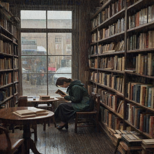 Quiet bookshop on a rainy afternoon, with tall shelves packed with old books, a woman sits at a small table by the window, reading intently as the rain taps against the glass.