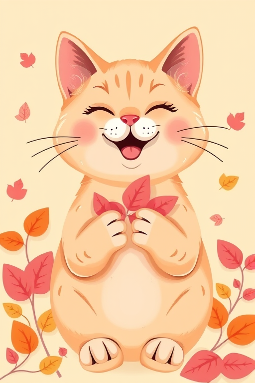 Create a whimsical illustration of a happy cat with a light orange color, playful expression, holding leaves with its paws, surrounded by pink and orange autumn leaves on a soft yellow background, using a digital illustration style, enhanced with bright colors and smooth lines, capturing a top-down view, simulating a high-resolution camera setting at 50mm focal length, f/2.8 aperture for depth of field, with a slight vignette for emphasis on the cat.