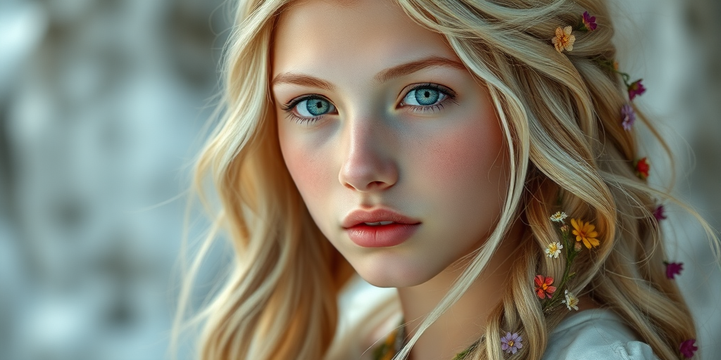 Create an image of a young Inuit woman with long, wavy blonde hair, adorned with small, colorful flowers woven into her braids and loose strands. Her complexion is fair, with soft, glowing skin, and she has light blue eyes that gaze softly at the viewer. She wears a light, flowing dress with a gentle, ethereal quality, complementing her delicate and serene appearance. The background is slightly blurred, drawing focus to her tranquil expression and the intricate details of the flowers in her hair. The overall mood of the image is one of natural beauty and grace, evoking a sense of peacefulness and connection with nature.