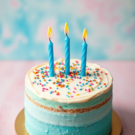Create a vibrant birthday cake with three blue candles on top, set against a soft-focused pastel background, captured with a DSLR camera, f/2.8 aperture, ISO 100, 50mm lens, and a top-down view for enhanced detail and depth.