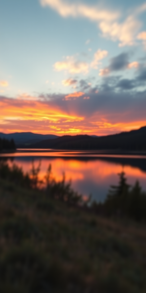 Generate an image of a serene landscape with a vibrant sunset over a calm lake, captured with a DSLR camera at f/8 aperture, ISO 100, shutter speed of 1/60s, wide-angle lens, and a slight tilt-shift effect for enhanced depth.