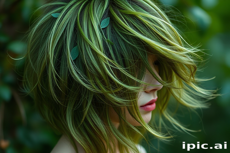 Enchanting image of a person with Forest Canopy hair, various shades of green in a long, layered cut with wispy strands mimicking leaves