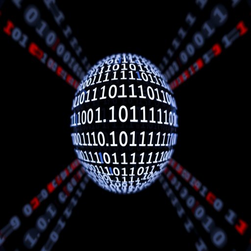 Generate a digital art image of a spherical object made of binary code (0s and 1s) set against a black background, shot with a DSLR camera at f/8 aperture, ISO 200, 50mm lens, using a low angle perspective and a soft focus effect for enhanced depth.